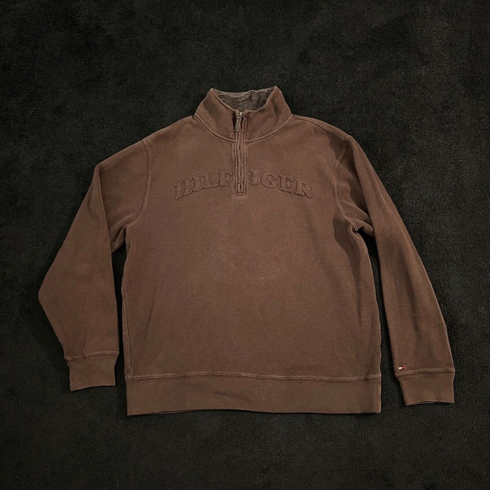 Tommy Hilfiger Pullover Mens Medium Quarter Zip Brown Fleece Lined Logo Cotton